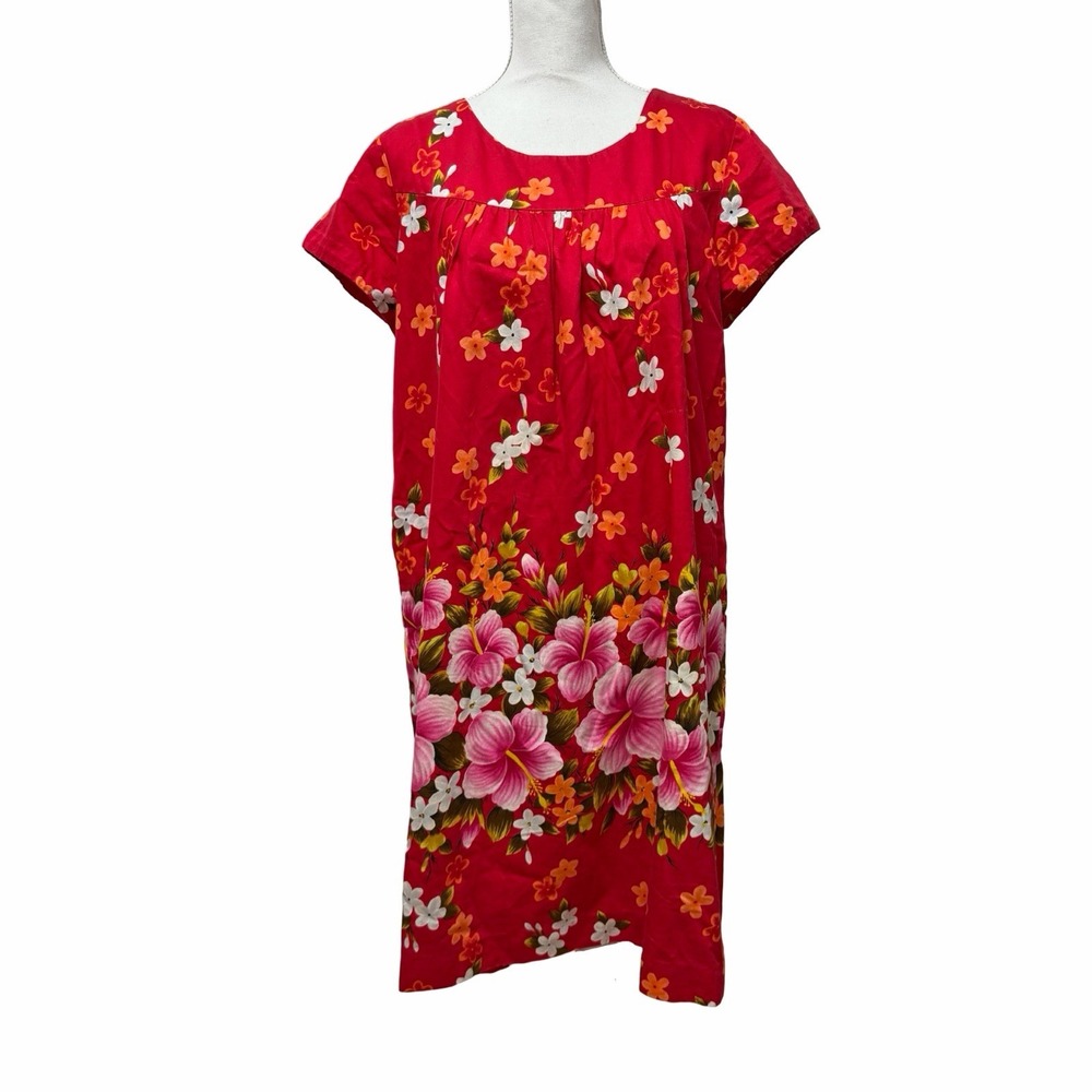 VTG Ui-Maikai Hawaiian Short Sleeve Knee Length Muumuu Dress L Red‎ Hibiscus 60s
